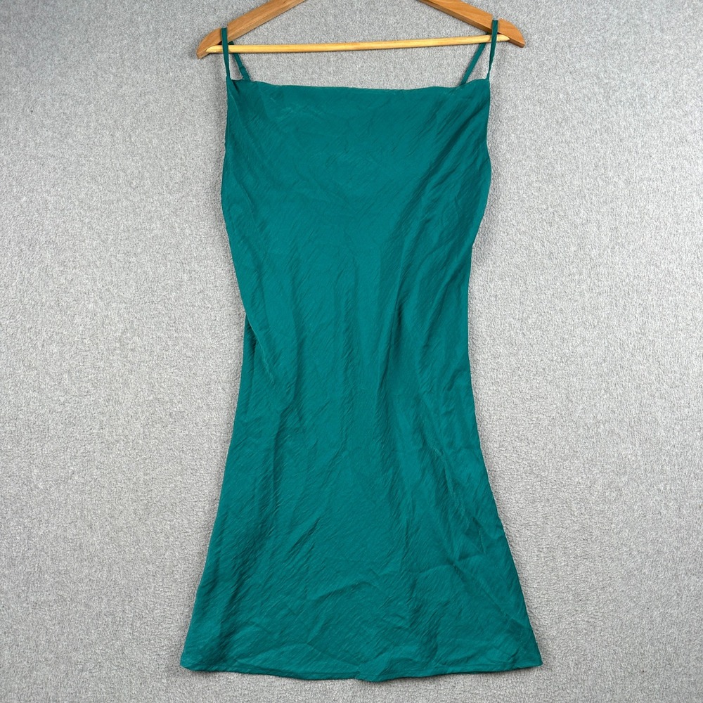 Forever 21 Dress Womens Small Teal Green Cowl Neck Textured Satin Slip Mini